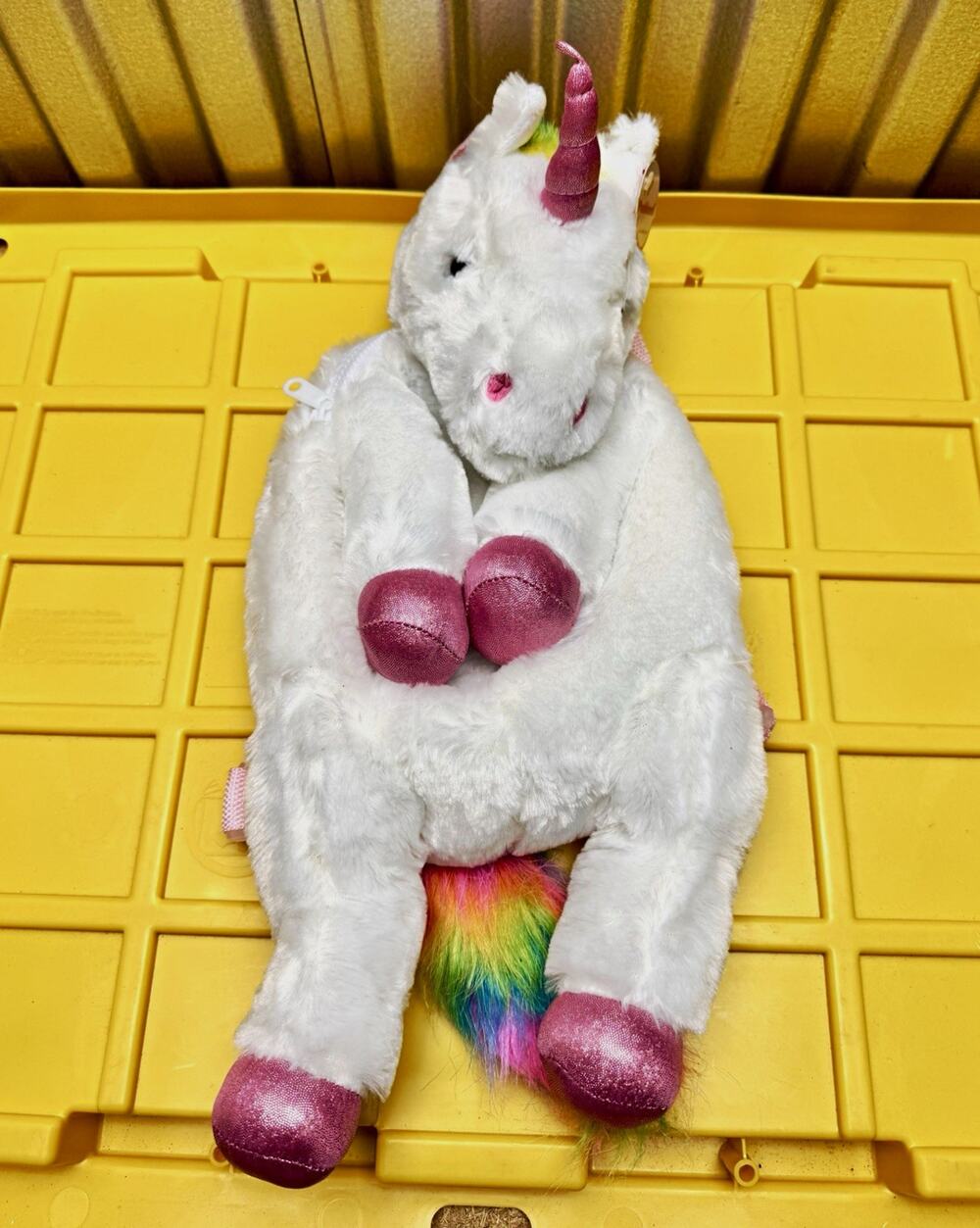 Plushland Unicorn Faux Fur Backpack White Pink Zip Adjustable Straps Small